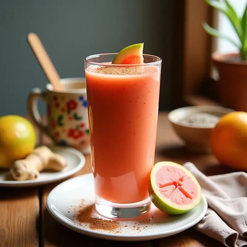 Smoothie de guayaba y sowet servido en vaso de cristal alto con decoración de canela en polvo y rodaja de guayaba, fondo de mesa rústica con ingredientes naturales como jengibre y semillas de chía.