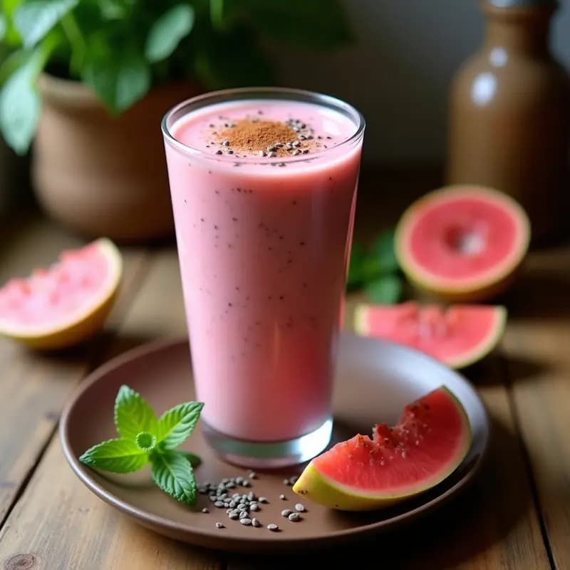 Vaso alto transparente con smoothie de guayaba y yogur de cabra, de color rosado cremoso, decorado con semillas de chía y una pizca de canela. Fondo rústico con hojas de menta y rodajas de guayaba fresca.