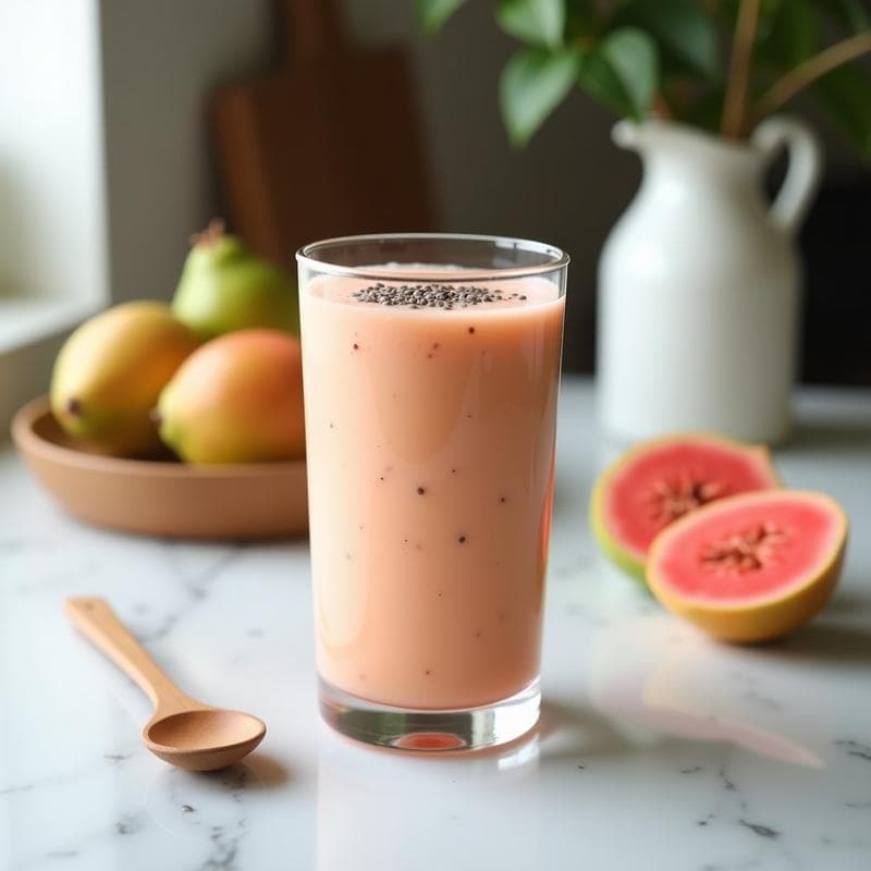 Vaso alto transparente con smoothie de guayaba y yogur griego, coronado con semillas de amapola negras, fondo de cocina blanca con trozos de guayaba fresca y cuchara de madera.