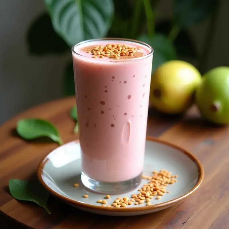 Vaso alto transparente con smoothie de guayaba y yogur griego, de color crema rosado, decorado con semillas de sacha inchi doradas y un toque de canela en polvo. Fondo con hojas de guayaba y luz natural suave, resaltando la textura cremosa del batido colombiano alto en proteína y probiótico.