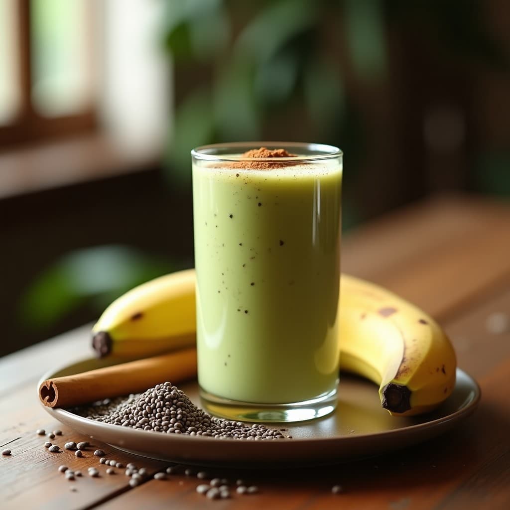 Vaso alto transparente con smoothie de guayusa y plátano, color crema con vetas verdes, decorado con canela en polvo y semillas de chía, sobre fondo de madera rústica con hojas de guayusa y un plátano al lado.