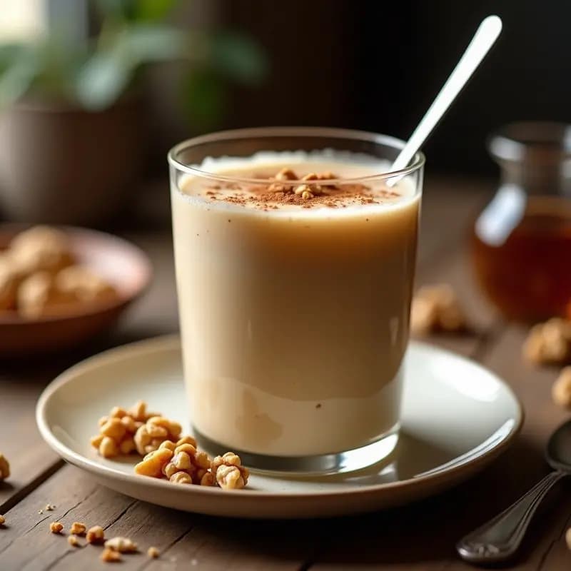 Vaso alto de cristal con smoothie cremoso de color beige claro, coronado con una pizca de canela y trocitos de nuez de macadamia. Al fondo, una botella de whisky escocés y copos de avena esparcidos sobre una tabla de madera rústica.