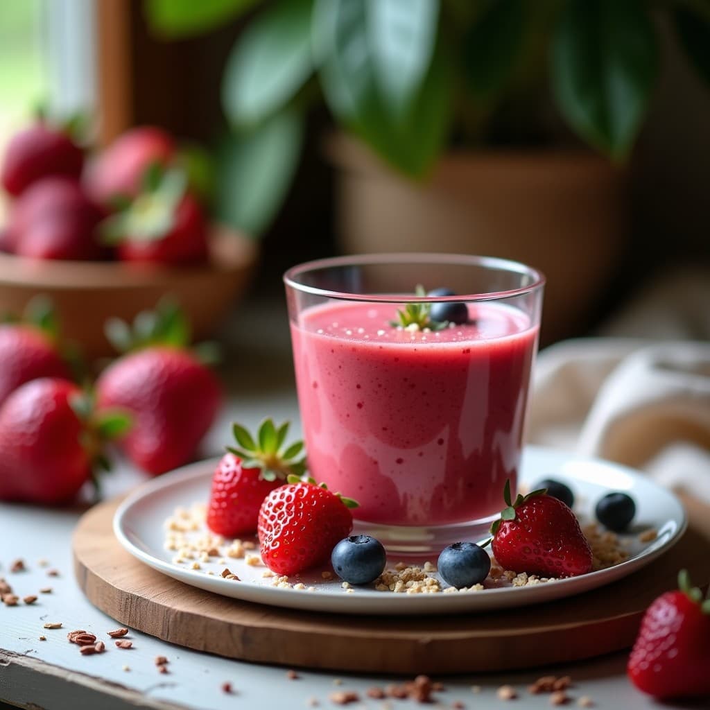 Vaso alto de cristal con smoothie morado de kéfir y frutos rojos, decorado con semillas de cáñamo y frambuesas frescas, sobre una mesa de madera con fondo desenfocado.