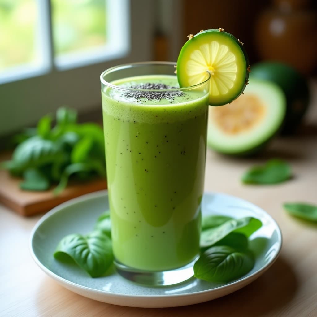 Vaso alto transparente con smoothie de kiwano y espinaca, de color verde vibrante con semillas de chía visibles, decorado con una rodaja de kiwano y una paja de bambú, sobre una mesa de madera con hojas de espinaca frescas al lado.