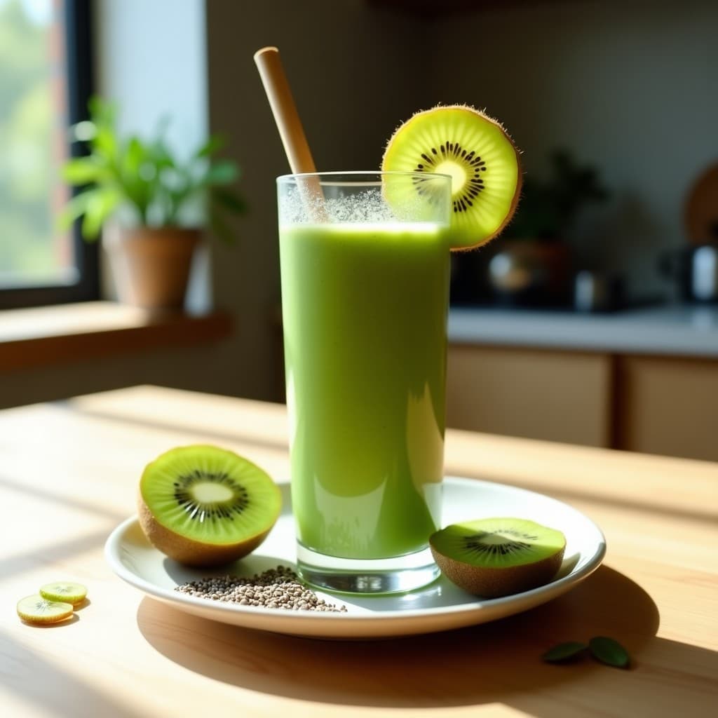 Vaso alto transparente con smoothie verde vibrante de kiwi, espirulina y leche de anacardo, decorado con semillas de chía y una rodaja de kiwi. Bebida energizante vegana servida con pajita de bambú sobre fondo de madera clara.