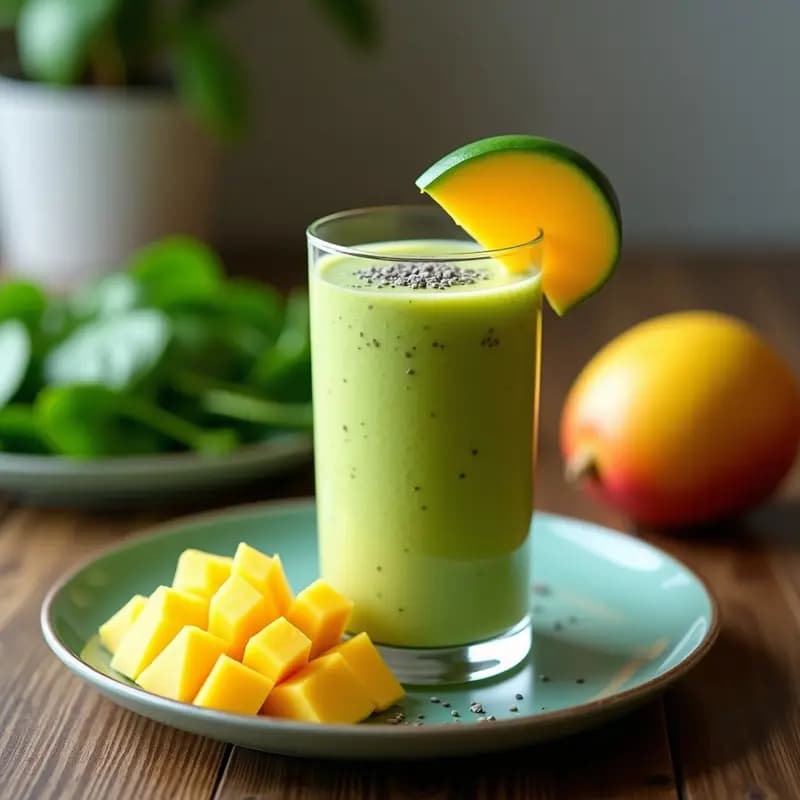 Vaso alto de cristal con smoothie verde cremoso, decorado con semillas de chía y rodajas de mango, sobre fondo de madera rústica. Receta de smoothie proteico de mango y espinaca.