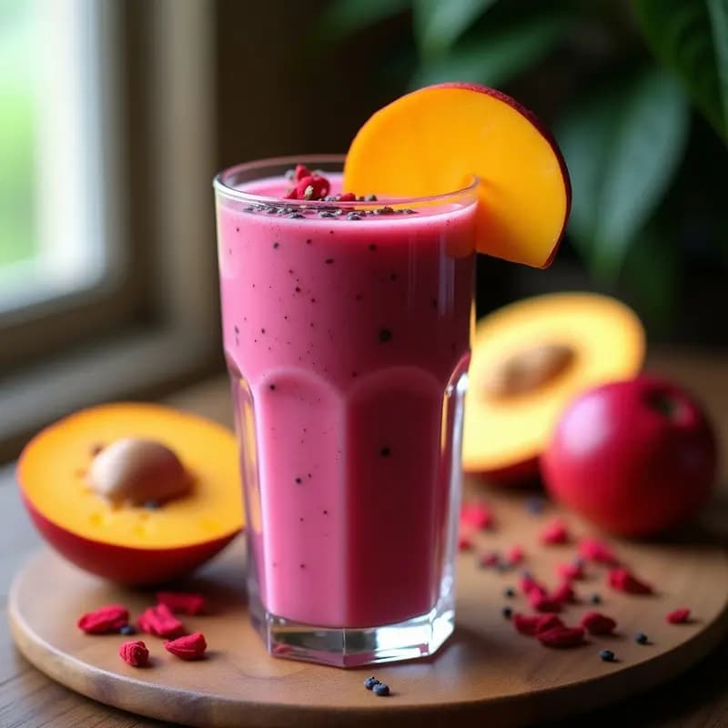 Vaso alto de cristal con smoothie de mango y hibisco, bebida mexicana antioxidante sin lácteos, de color rosado intenso, decorado con rodaja de mango y flores de hibisco secas, con fondo de mesa de madera rústica.