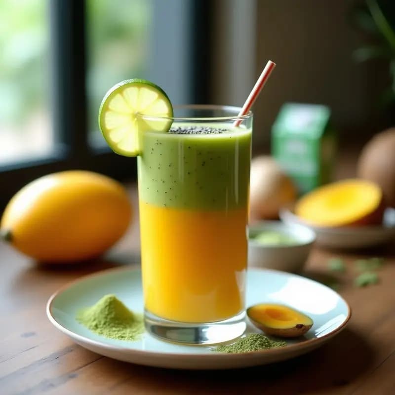 Vaso alto transparente con smoothie keto de mango y jengibre, color verde claro por el matcha, decorado con semillas de chía y una rodaja de limón al borde. Fondo de encimera de madera con ingredientes dispersos: mango en trozos, jengibre y cucharita de matcha.