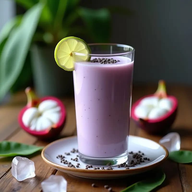 Smoothie de mangostán y chía servido en vaso alto transparente con pajita de bambú, decorado con hojas de menta. Fondo con pulpa de mangostán y semillas de chía espolvoreadas sobre una tabla de madera rústica. Bebida filipina antioxidante y baja en calorías.