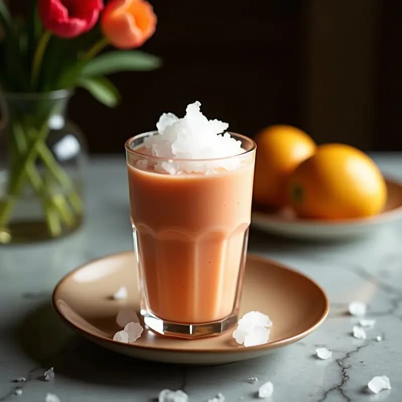 Vaso alto transparente con smoothie de mangostán y coco sin lactosa, de color lila pálido con trozos de hielo picado, decorado con semillas de sésamo tostado y una rodaja de limón al borde. Fondo borroso con hojas de palma tropical.