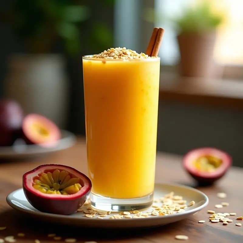 Vaso alto transparente con smoothie de maracuyá y avena tostada, decorado con semillas de sésamo y un trozo de canela en rama, sobre una mesa de madera con pulpa de maracuyá y hojuelas de avena al fondo.