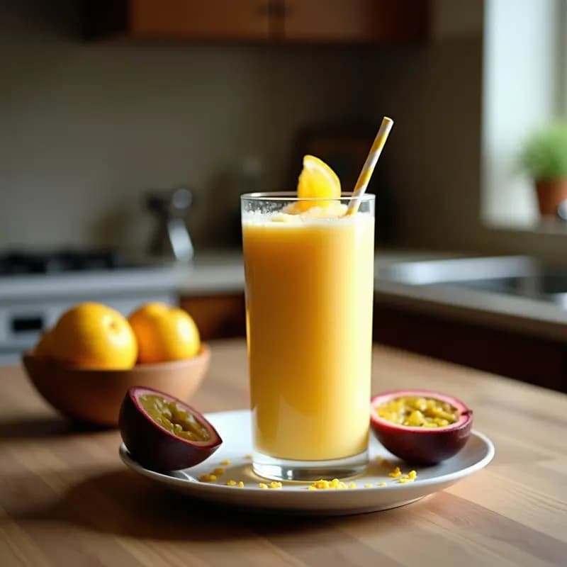 Vaso alto transparente con smoothie de maracuyá y coco sin azúcar, de color amarillo cremoso con semillas visibles, decorado con rodaja de limón verde y servido sobre una tabla de madera con hojas de menta y maracuyás frescos al fondo.