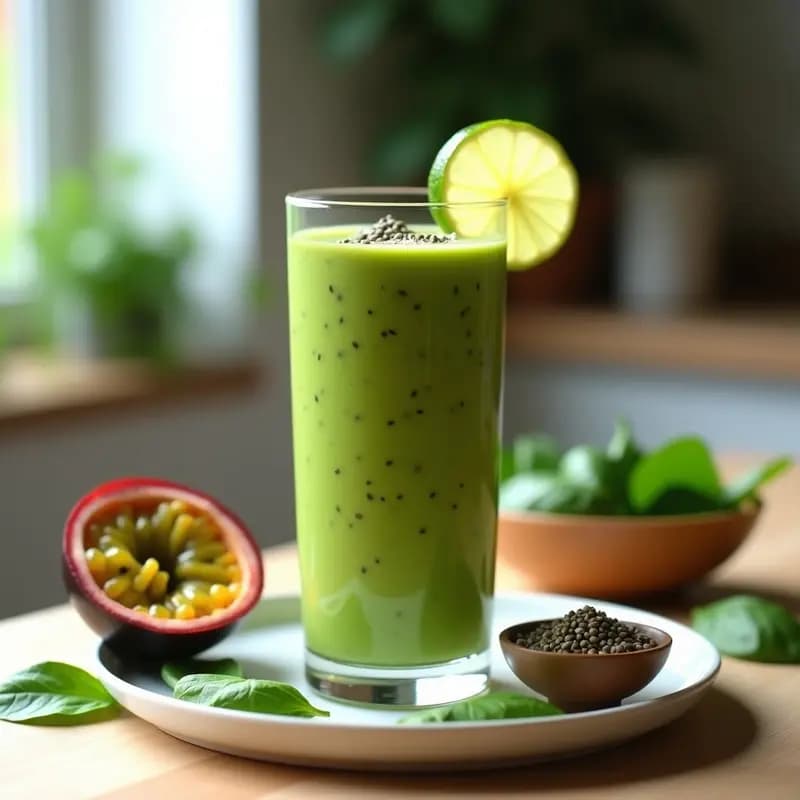 Vaso alto transparente con smoothie verde cremoso de maracuyá y espinacas, decorado con semillas de hemp en la superficie y una rodaja de lima al borde. Fondo claro con hojas de espinacas y un maracuyá abierto.