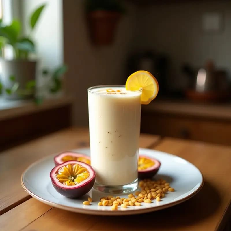 Vaso alto transparente con smoothie de maracuyá y leche de coco, de color amarillo dorado y textura cremosa, decorado con semillas de lino y una rodaja de plátano. Fondo borroso con hojas tropicales y luz natural.