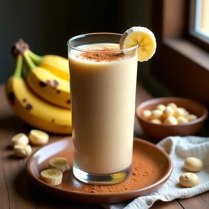Vaso alto transparente con smoothie cremoso de color beige claro, decorado con una pizca de canela y rodajas de banana. Fondo con ingredientes: mongongos, plátanos y anacardos. Bebida africana energética y antioxidante.