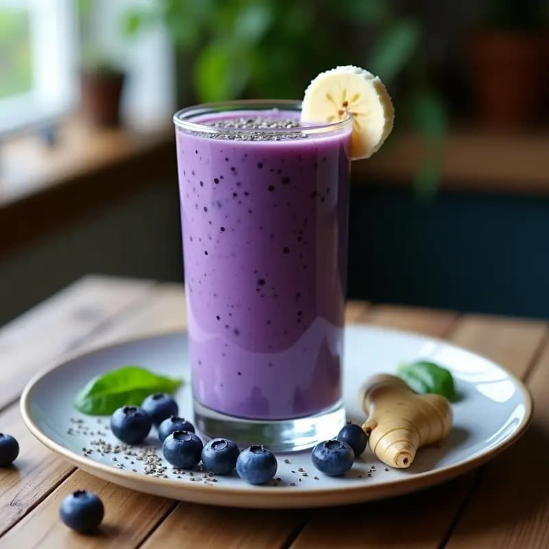 Vaso alto transparente con smoothie de mora azul y jengibre, decorado con semillas de chía y rodajas de plátano, sobre una mesa de madera con moras azules frescas y una ramita de jengibre al lado.