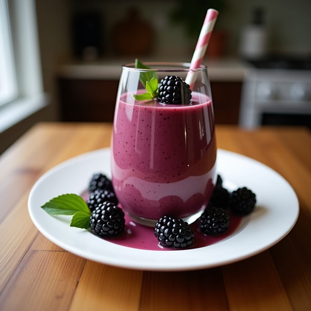 Vaso alto de cristal con smoothie cremoso de color ámbar oscuro, coronado con semillas de lino y un hilo de aceite de coco. Al fondo, moras de los pantanos frescas y rodajas de limón sobre una tabla de madera rústica, con luz natural suave.