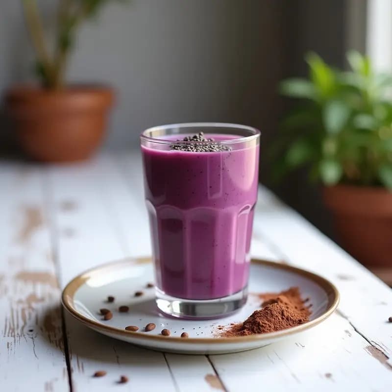 Vaso alto transparente con smoothie de ñame morado y cacao crudo, color morado intenso, decorado con semillas de chía y cacao en polvo, fondo blanco con detalles rústicos.