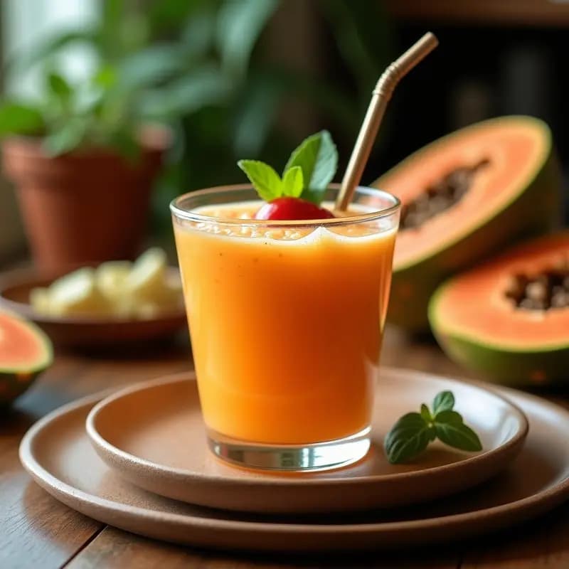 Vaso alto de cristal con smoothie de papaya y chía con agua de coco, de color naranja claro con semillas de chía visibles, decorado con hojas de menta fresca y una rodaja de limón verde al borde. Fondo de cocina tropical con luz natural.