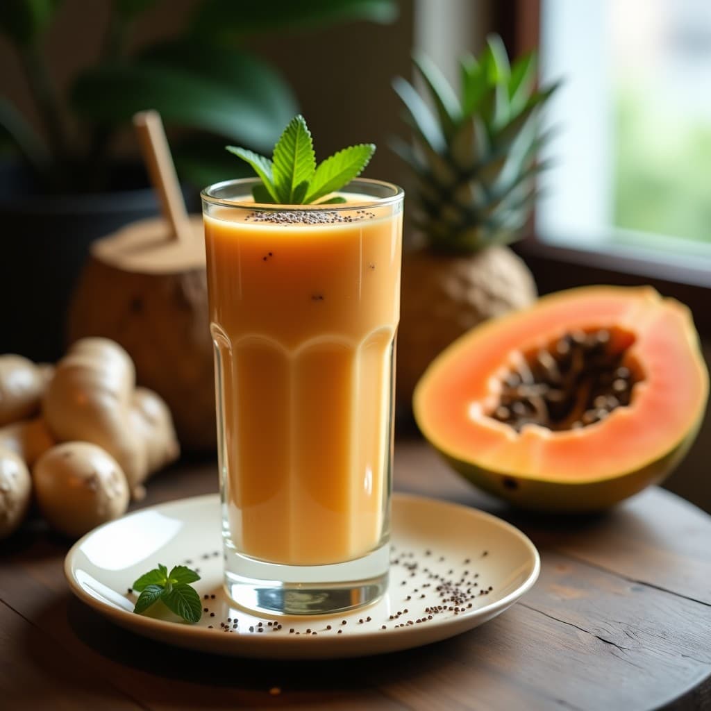 Vaso alto transparente con smoothie de papaya y chía con jengibre, de color naranja claro y textura cremosa, decorado con hojas de menta fresca y semillas de chía en la superficie. Fondo con ingredientes: papaya cortada, jengibre y agua de coco.