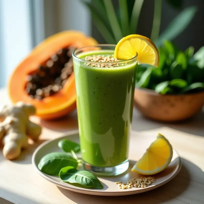 Vaso alto transparente con smoothie verde vibrante de papaya y espinacas, coronado con semillas de lino y una rodaja de limón. Fondo con hojas de espinacas e ingredientes frescos alrededor, iluminación natural.