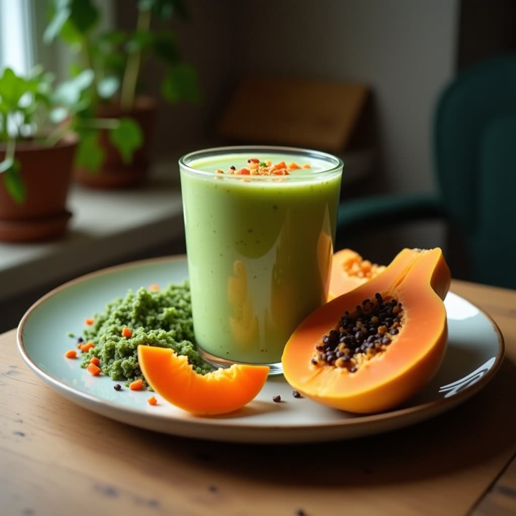 Vaso alto transparente con smoothie verde esmeralda de papaya, espirulina y leche de coco, decorado con semillas de cáñamo y una rodaja de lima al borde. Fondo de madera rústica con hojas de palma y luz natural.