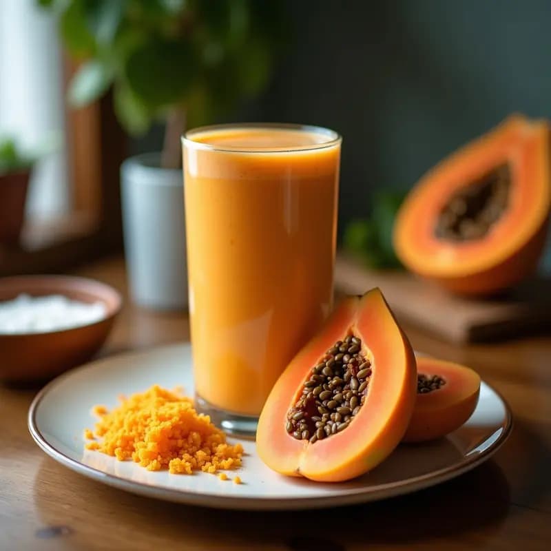 Vaso alto de cristal con smoothie cremoso de color naranja claro, decorado con semillas de calabaza tostadas y una pizca de canela en polvo. Fondo blanco con trozos de papaya y plátano alrededor.