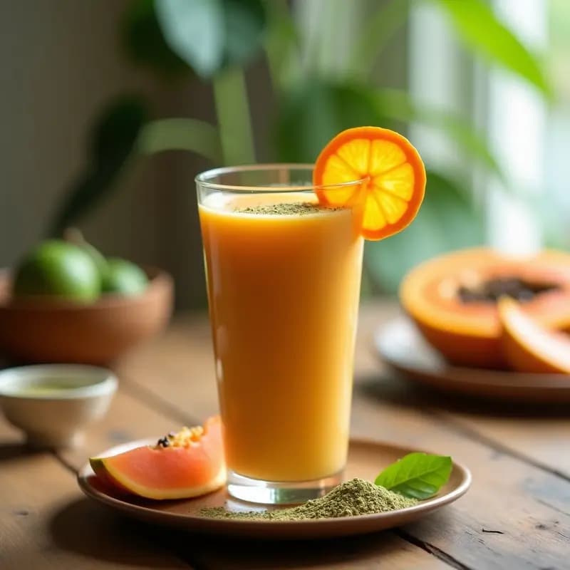 Vaso alto transparente con smoothie de papaya y semillas de moringa, bebida colombiana de color naranja claro, decorado con rodajas de naranja y una pizca de moringa en polvo en la superficie, fondo rústico de madera.