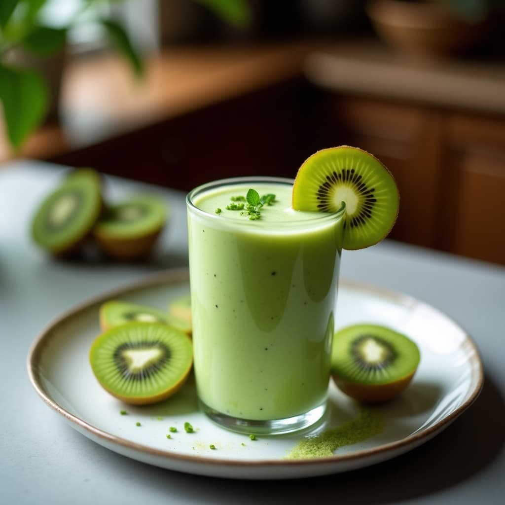 Smoothie verde vibrante servido en vaso transparente con pajita de bambú, decorado con rodaja de kiwi y semillas de chía. Fondo con ingredientes: pépino de mar, kiwi, espirulina en polvo y agua de coco. Bebida marina antioxidante fresca y saludable.
