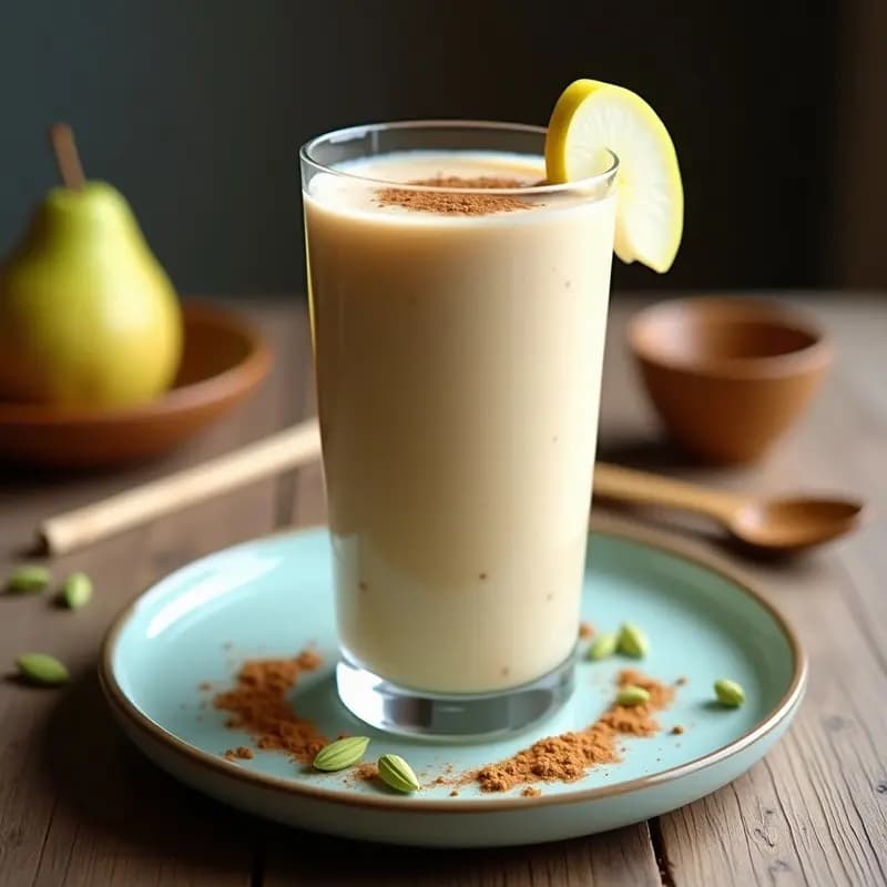 Vaso alto transparente con smoothie cremoso de color beige claro, decorado con una pizca de canela en polvo y una rodaja de pera. Al fondo, semillas de cardamomo y una cuchara de madera. Bebida ayurvédica para la digestión.