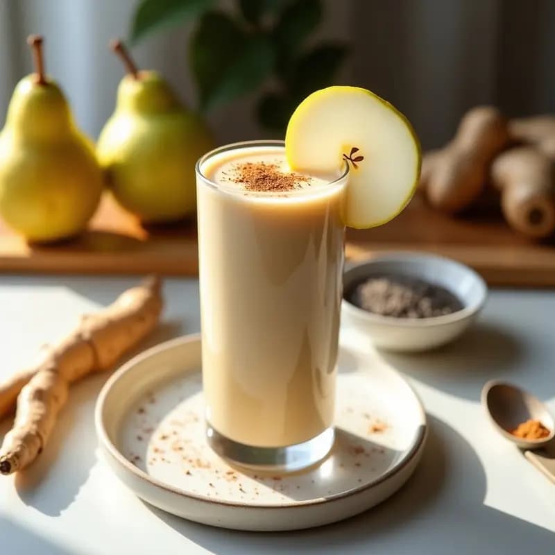 Vaso alto transparente con smoothie cremoso de color beige claro, decorado con un espolvoreado de ginseng rojo en polvo y una rodaja de pera fresca en el borde. Fondo con ingredientes: pera cortada, semillas de chía y una cucharita de ginseng.