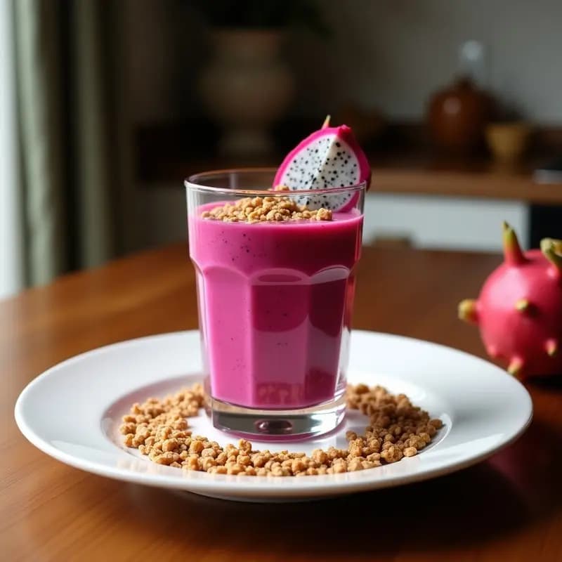 Smoothie bowl de pitaya y coco en un bol blanco con toppings de semillas de chía, granola, coco rallado y hojas de menta, servido sobre una mesa de madera con fondo claro.