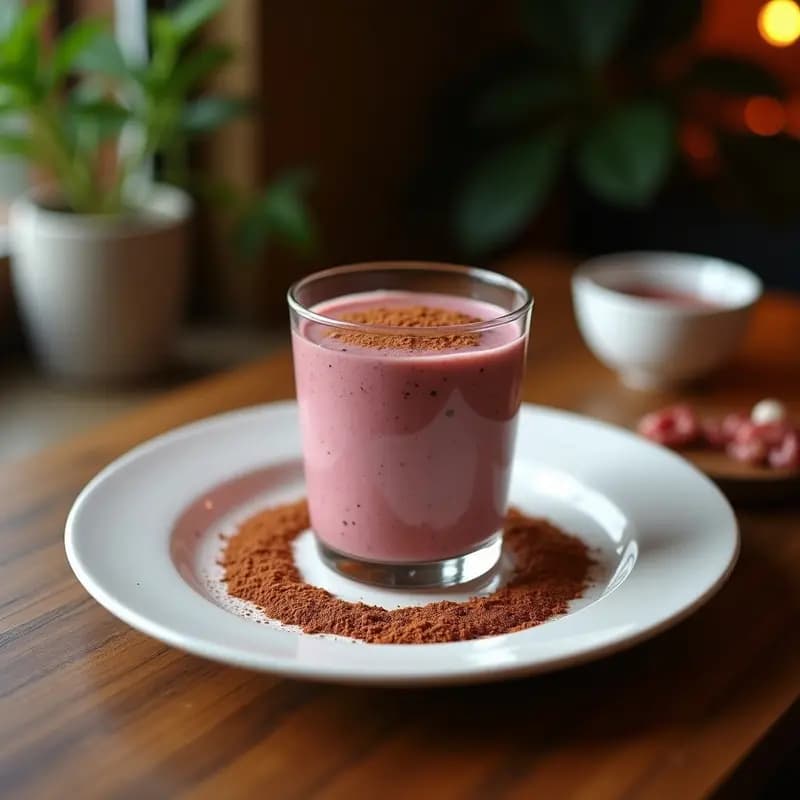Vaso alto transparente con smoothie de remolacha y cacao con leche de avena, color morado intenso, decorado con semillas de chía y cacao en polvo, servido sobre una mesa de madera rústica con ingredientes al fondo.