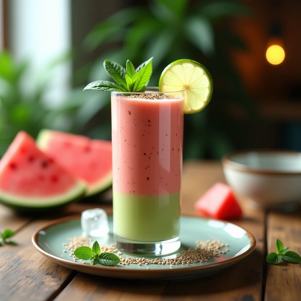 Vaso alto transparente con smoothie de color verde claro y rosa pálido, decorado con una rodaja de limón verde, hojas de mentha fresca y semillas de hemp espolvoreadas. Fondos de cubos de sandía y hielo, con luz natural resaltando la frescura de la bebida hidratante y antiinflamatoria.