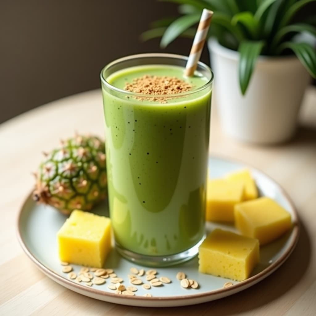 Vaso alto transparente con smoothie verde brillante de spirulina y piña, coronado con semillas de lino y canela, sobre fondo de madera clara con trozos de piña fresca al lado.