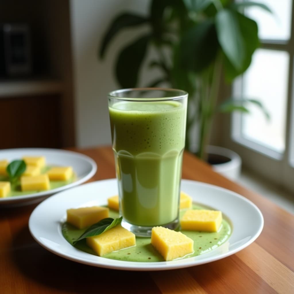 Smoothie de spirulina y piña con leche de coco servido en un bol de cerámica blanca, decorado con coco rallado, granola sin gluten y rodajas de piña fresca. Fondo claro con texturas naturales y luz suave que resalta el color verde azulado del batido detox.