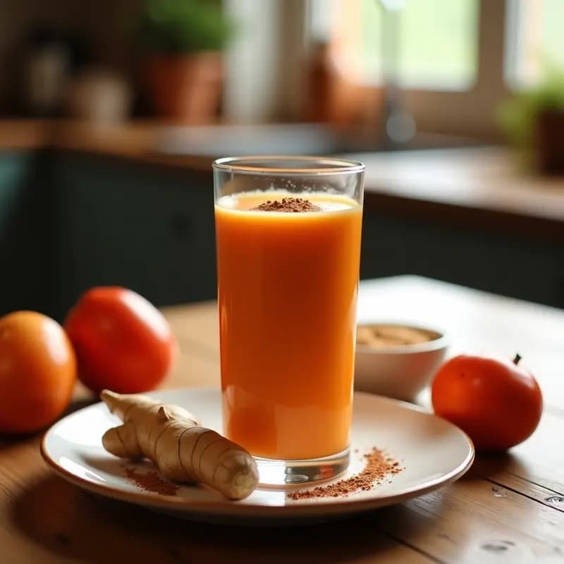Vaso alto transparente con smoothie de tamarillo y jengibre con leche de avena, color naranja intenso coronado con semillas de chía y pimienta rosa. Fondo rústico con tamarillos frescos y rodajas de jengibre.