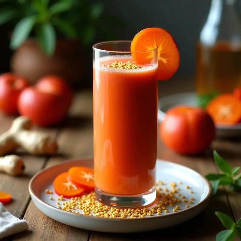 Vaso alto transparente con smoothie de tamarillo y jengibre, color rojizo intenso, decorado con semillas de achiote y una rodaja de tamarillo. Fondo con hojas verdes y luz natural.