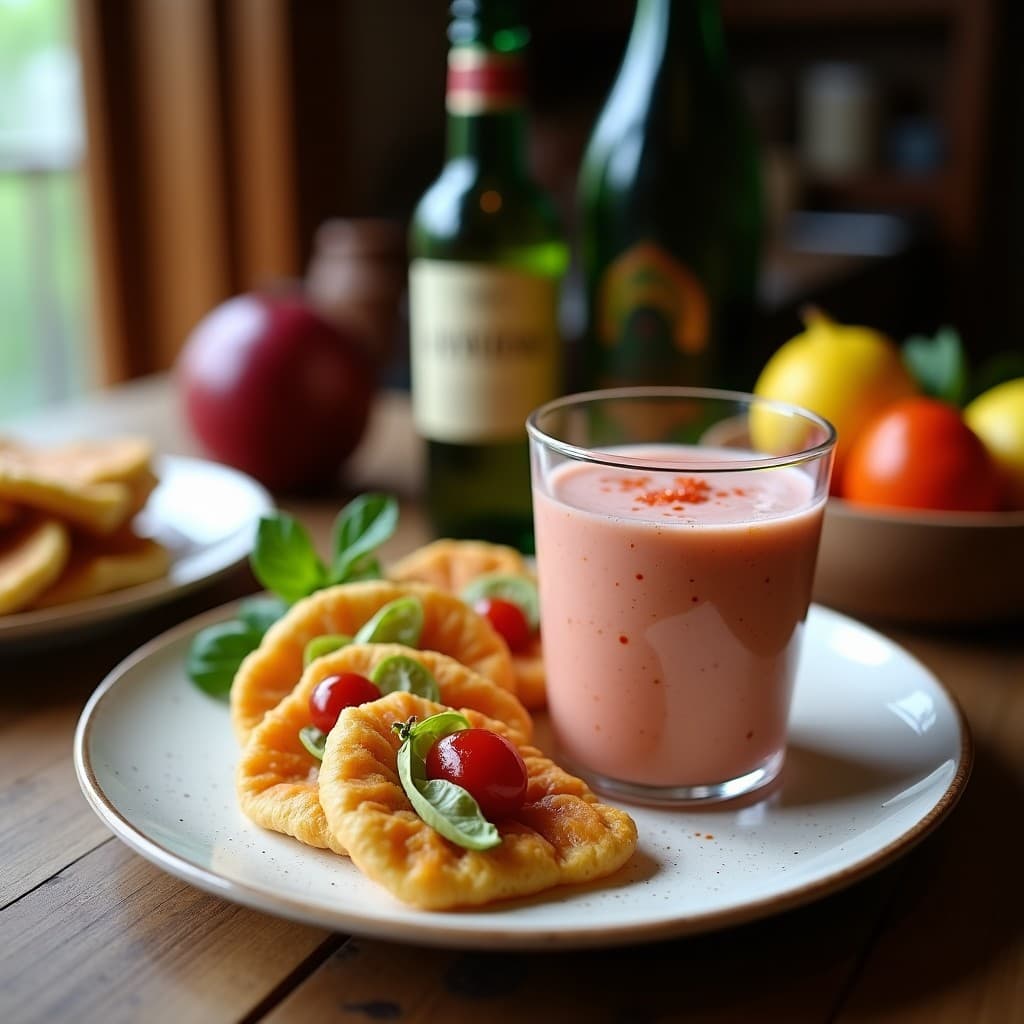 Vaso alto transparente con smoothie de tamarillo y jengibre con leche de coco, decorado con semillas de sésamo y canela en polvo, sobre fondo rústico de madera con tamarillos enteros y rodajas de jengibre fresco al lado.
