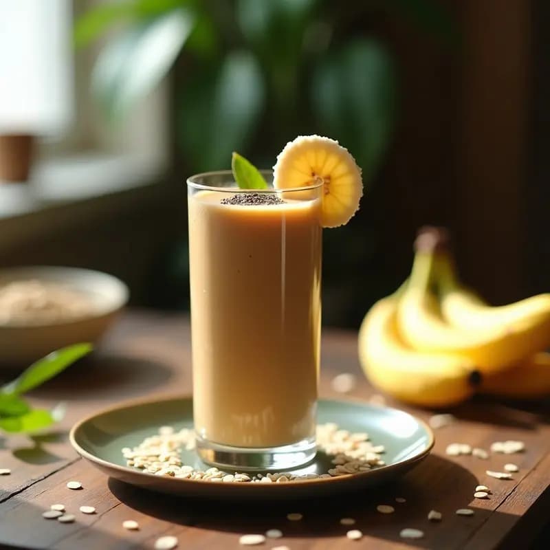 Vaso alto de cristal con smoothie de tamarindo y avena, de color marrón claro y textura cremosa, decorado con rodajas de plátano y semillas de chía. Fondo con hojas de tamarindo y avena esparcida sobre una mesa de madera rústica.