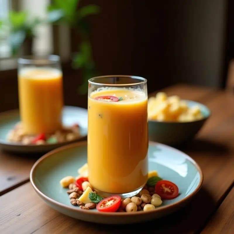 Vaso alto de cristal con smoothie de tamarindo y jengibre con leche de coco, espuma cremosa en la superficie, decorado con una pizca de canela y una rodaja de jengibre fresco. Fondo difuminado con ingredientes dispersos: tamarindo, dátiles y semillas de chía.