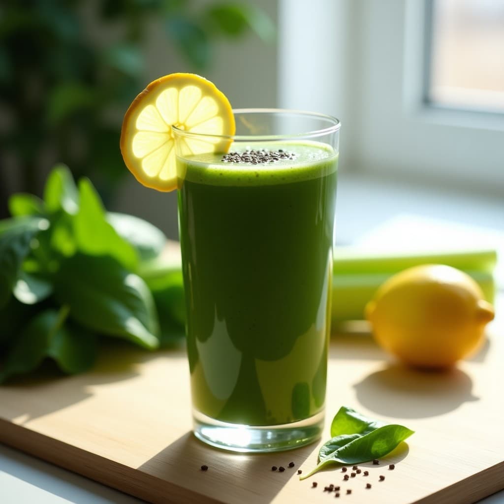 Vaso alto de cristal con Smoothie Verde Detox con Clorofila, de color verde intenso y textura cremosa, decorado con una rodaja de limón y semillas de chía en la superficie. Fondos de hojas de espinaca y ramas de apio frescas sobre una encimera de madera clara. Receta para limpiar el colon.