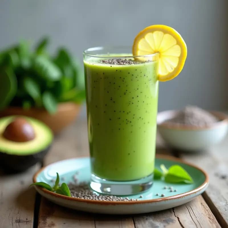 Vaso alto transparente con smoothie verde energético keto, de color vibrante, decorado con semillas de chía y rodajas de limón, con fondo de espinacas frescas y aguacate cortado.