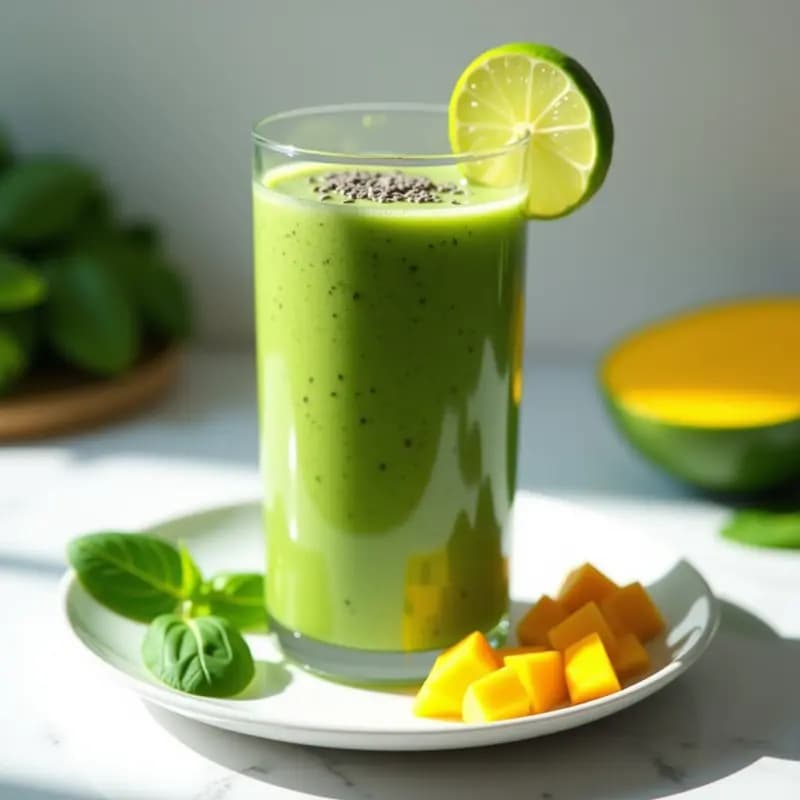 Vaso alto de cristal con smoothie verde keto de espinacas y mango, cremoso y espeso, decorado con semillas de chía y una rodaja de limón al borde. Fondo claro con hojas de espinacas y trozos de mango frescos.