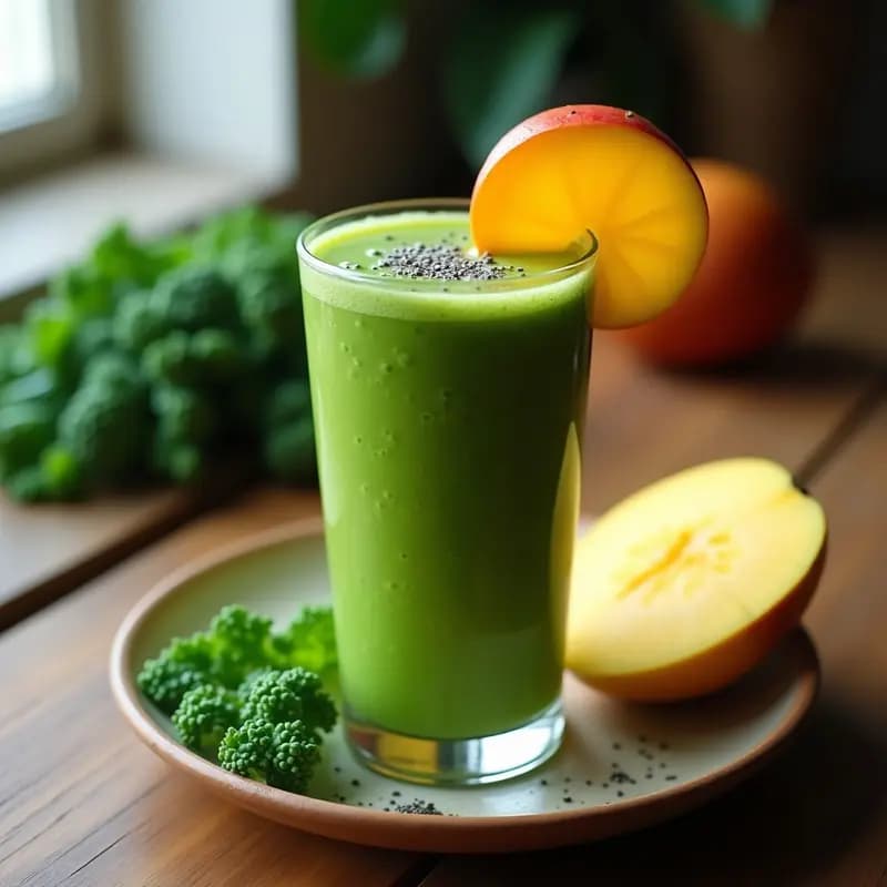 Vaso alto de cristal con smoothie verde vibrante de kale y mango, coronado con semillas de chía y una rodaja de mango. Fondo con hojas de kale y luz natural.