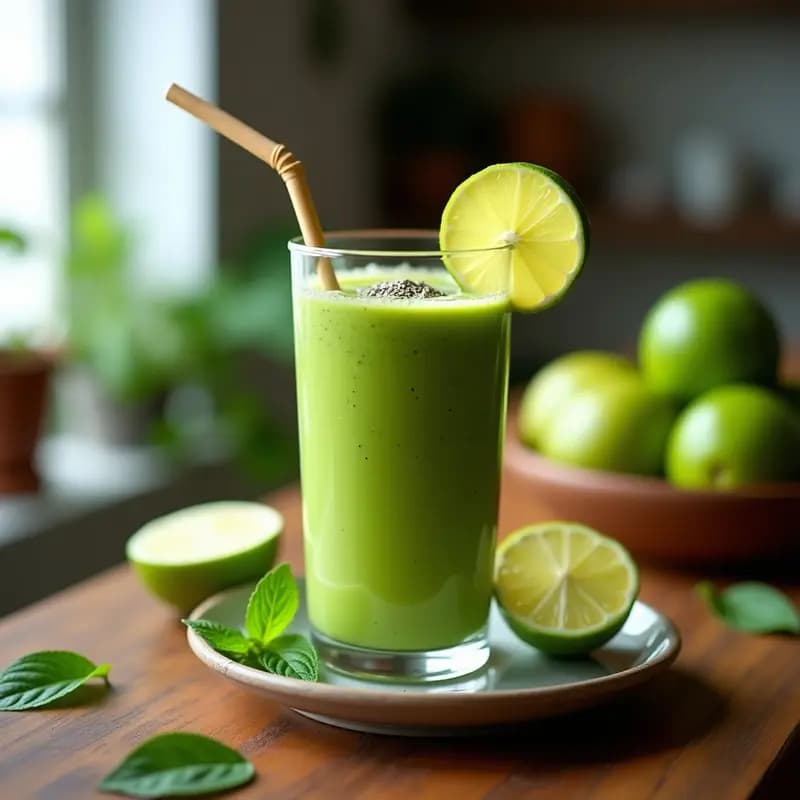 Vaso alto transparente con smoothie verde de mango y espinacas, servido con una pajita de bambú y decorado con semillas de chía y rodajas de limón, sobre una mesa de madera rústica con hojas de menta.