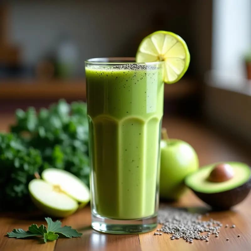 Vaso alto de cristal con smoothie verde cremoso de kale y manzana, decorado con semillas de chía y una rodaja de limón al borde. Fondo de encimera de madera con ingredientes frescos alrededor.