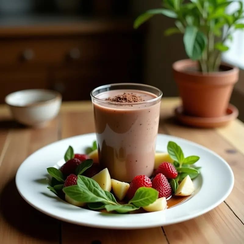 Vaso alto transparente con smoothie de color chocolate oscuro, espeso y cremoso, decorado con semillas de chía y virutas de cacao. Fondo con espinacas y plátano como ingredientes principales de la receta de verduras ocultas con cacao.