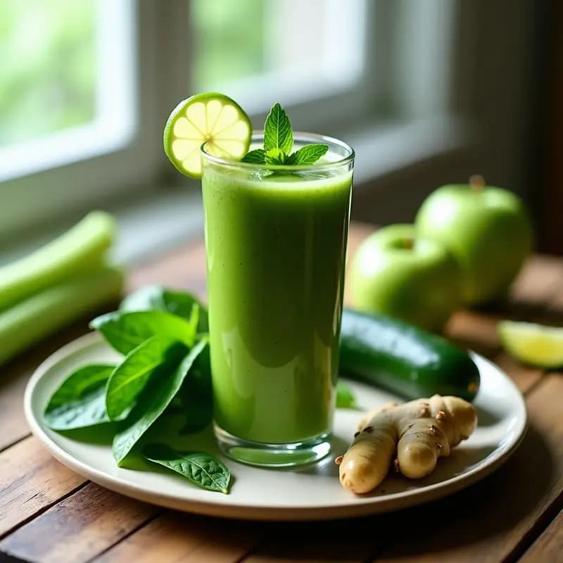Vaso alto transparente con smoothie de verduras verdes de color vibrante, decorado con una rodaja de limón y hojas de menta, sobre fondo de madera rústica con ingredientes frescos alrededor.