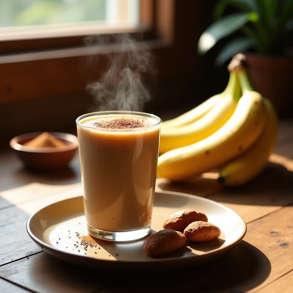 Vaso alto de cristal con smoothie espeso de color beige claro, decorado con una pizca de canela en polvo y semillas de chía. Al fondo, ingredientes como banana, canela en rama y trozos de vizcacha cocida sobre una mesa rústica de madera.